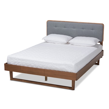 Baxton Studio Natalia Dark Grey Upholstered and Walnut Wood Queen Size Platform Bed 167-9411-9438